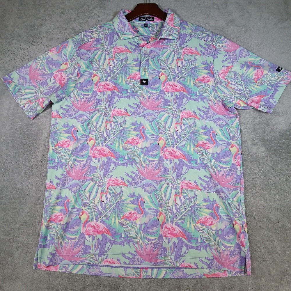 Bad Birdie Polo Shirt Mens M Pink Flamingo Tropical Performance Golf Sport - Picture 2 of 8
